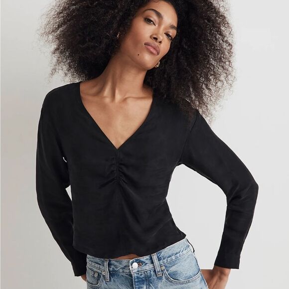 Madewell Brushed Front Ruched Top Womens Size 12 Black - Picture 3 of 12